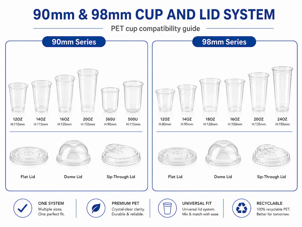 Cold Cup Size and Lid Compatibility System Complete Guide 1 95mm and 98mm PET cold cup and lid compatibility system guide