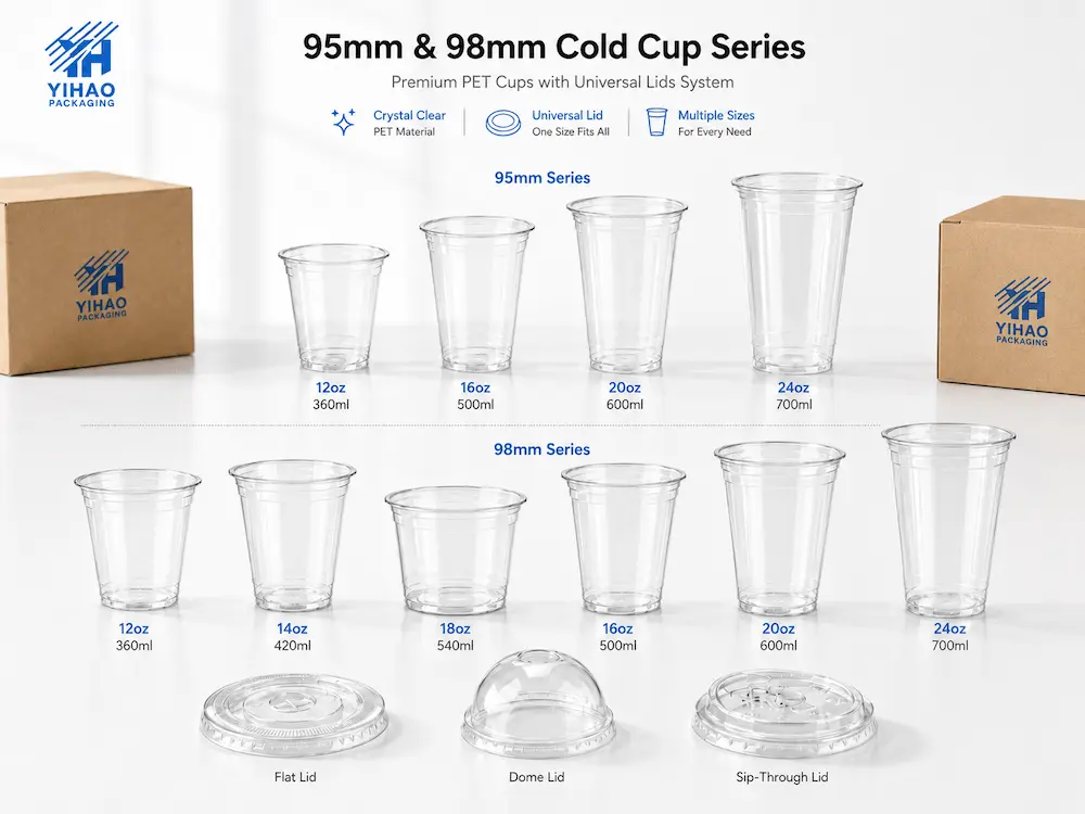 Milk Tea Cups: Buyer Guide for Food Packaging Teams 4 95mm and 98mm clear PET cold cup series with flat dome and sip-through lids
