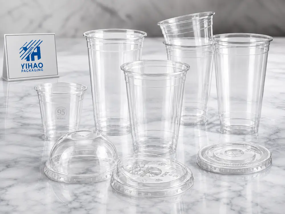 95mm clear PET cold cup series with flat lid, dome lid, and sipper lid options for beverage menus