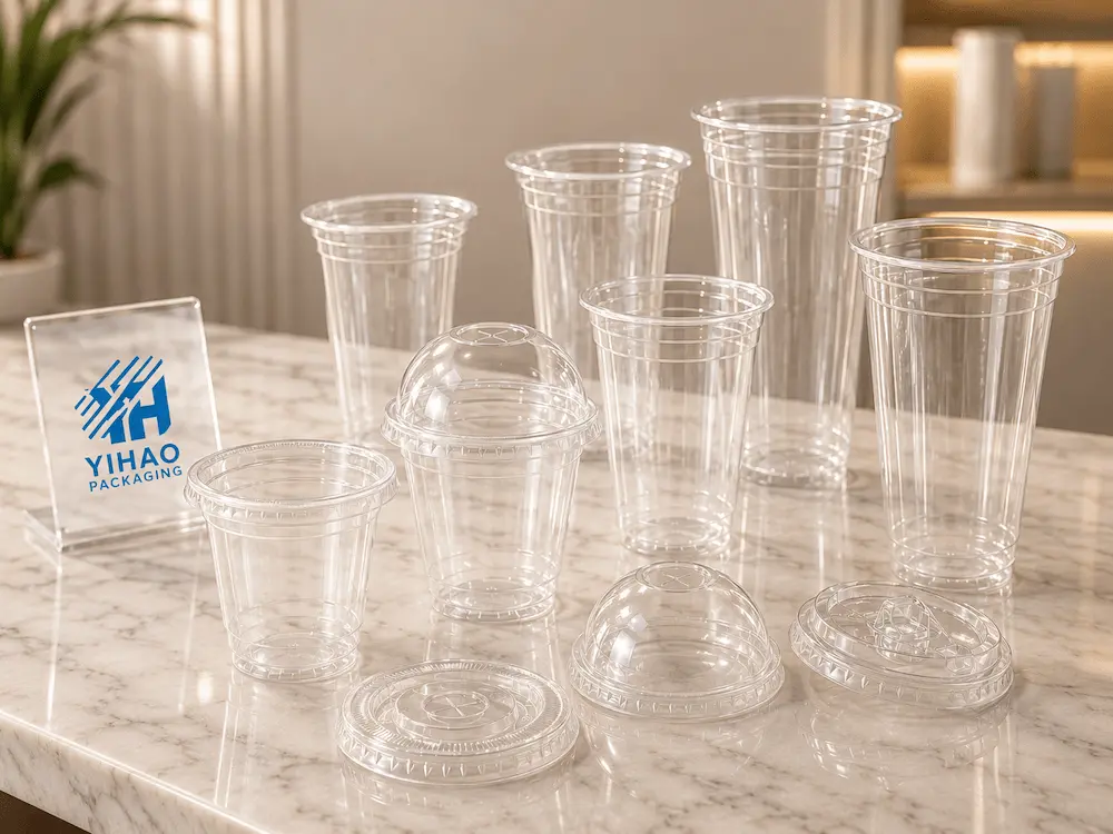 clear PET cold cups with flat dome and strawless sipper lids for 95mm cup systems