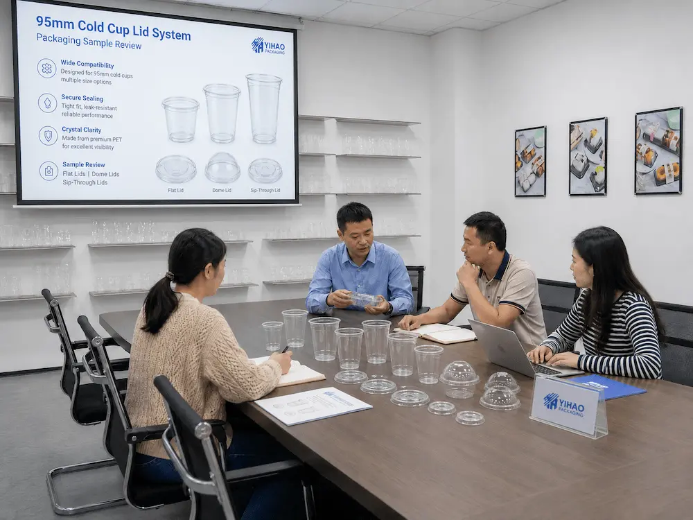 packaging team reviewing 95mm cold cup and lid samples before wholesale ordering
