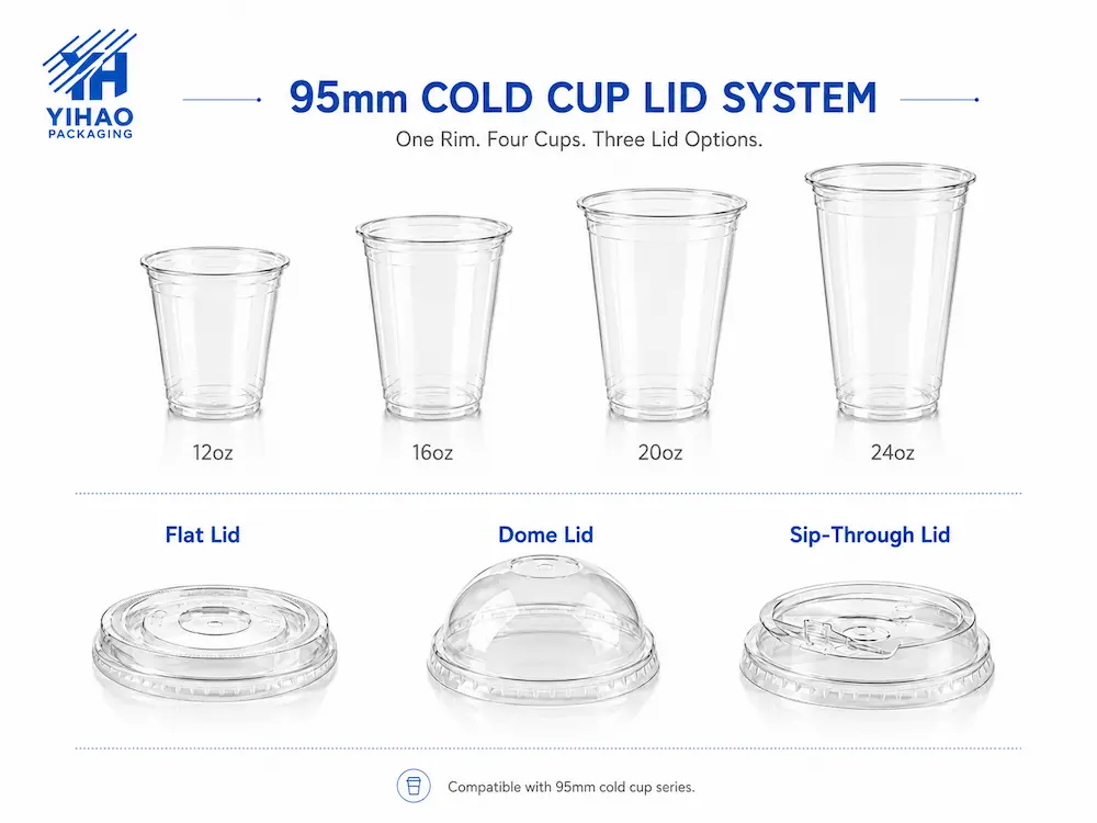 95mm cold cup lid system with clear cups and flat dome and sip-through lid options