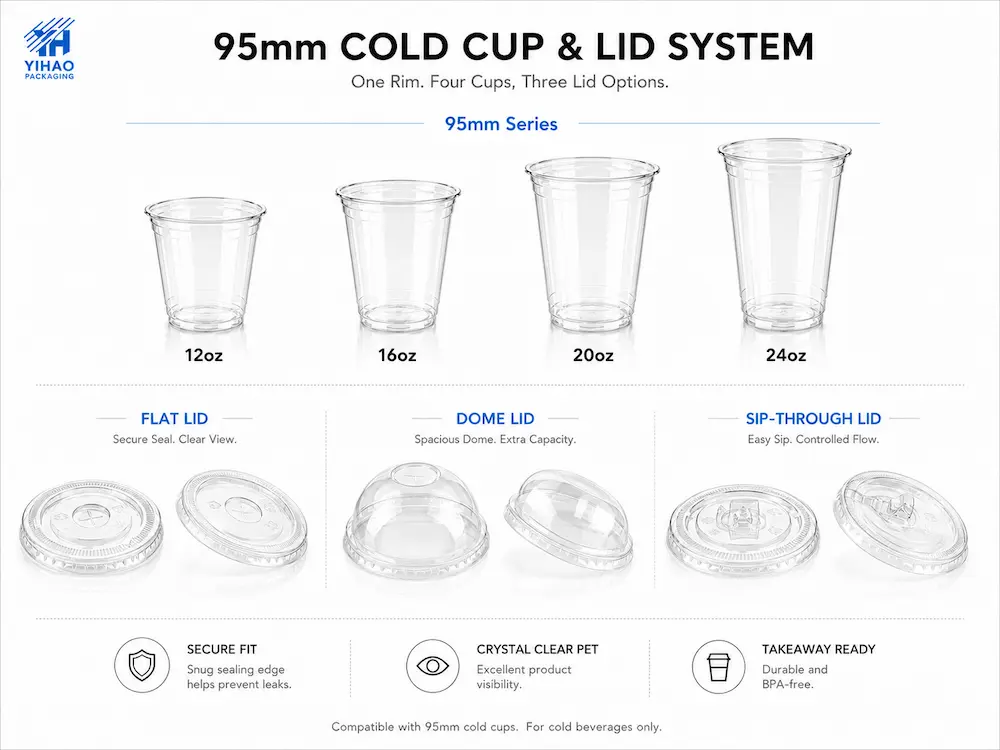 95mm cold cup and lid system showing shared rim cups with flat, dome, and sip-through lid options