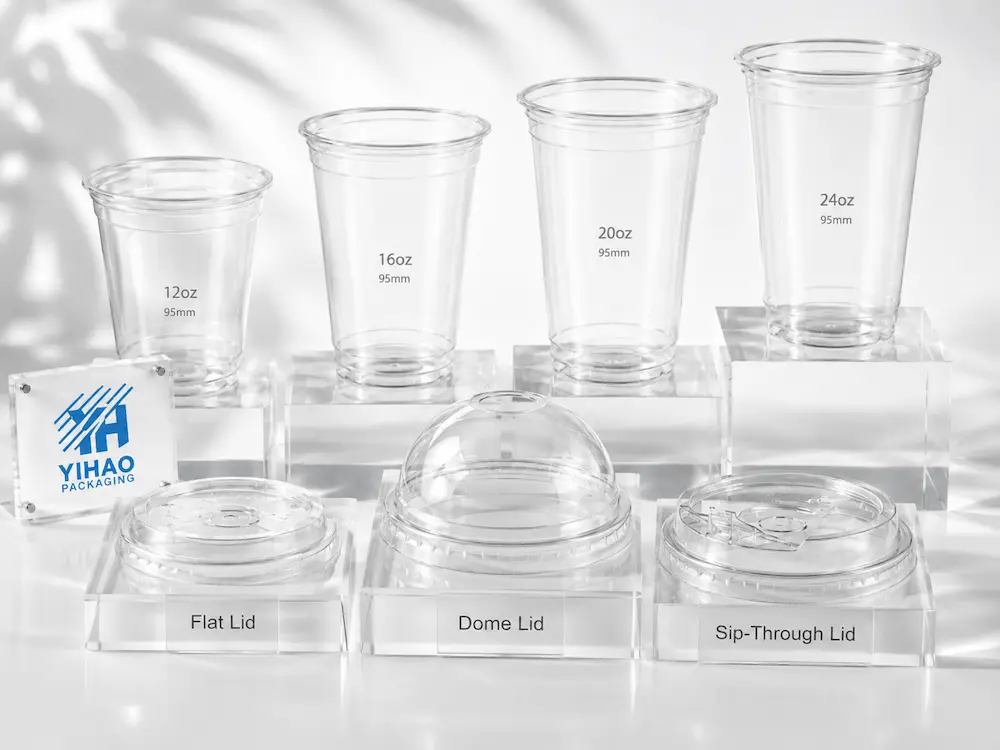95mm cold cup series with 12 oz 16 oz 20 oz and 24 oz clear PET cups and matching lids