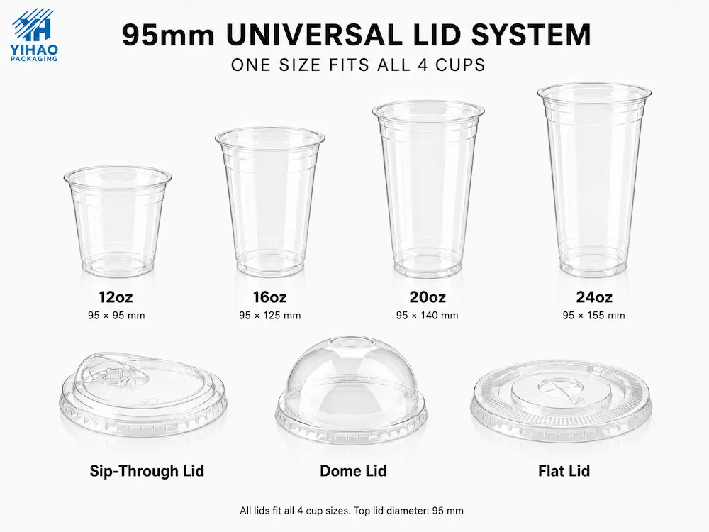 Best Boba Cups for Retail Display, Takeaway, and Chilled Food 5 95mm universal lid system for PET boba cups with flat dome and sip-through lids