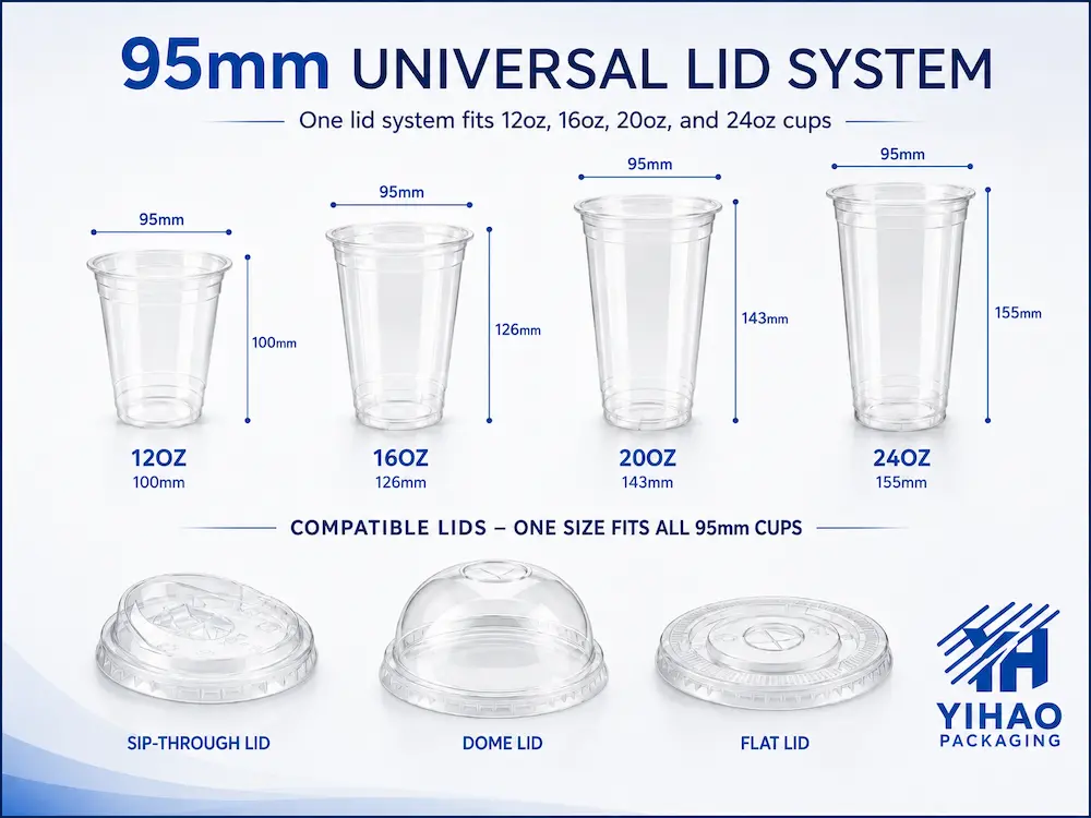 95mm universal lid system for PET cold cups with flat lid, dome lid, and sip-through lid