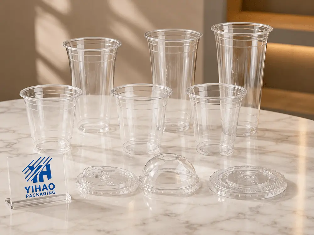 98mm clear PET cold cups and lids displayed together for cup lid compatibility