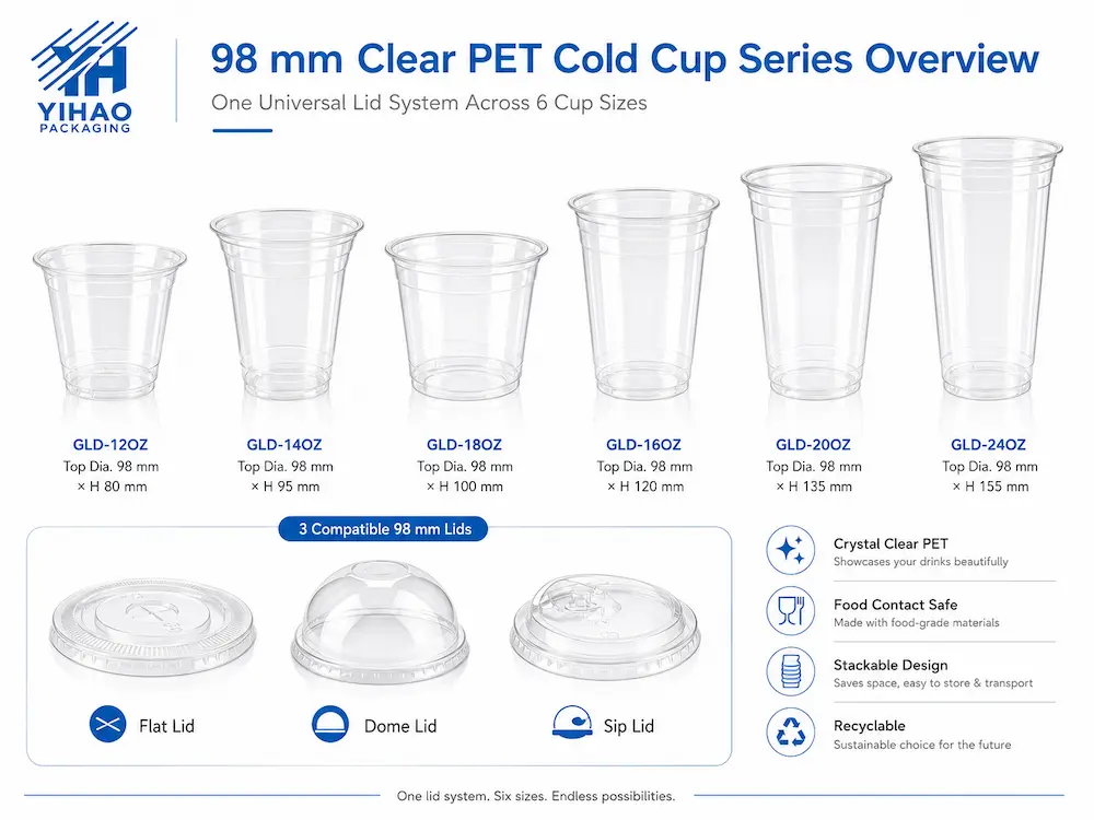 Convenience Store Fruit Cups vs Alternative Packaging: How Buyers Should Choose 3 98 mm clear PET cold cup series overview with six cup sizes and compatible flat, dome, and sip lids.