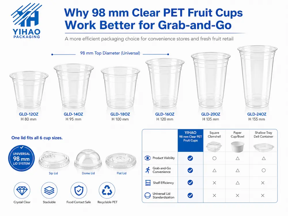 Convenience Store Fruit Cups vs Alternative Packaging: How Buyers Should Choose 2 Infographic showing why 98 mm clear PET fruit cups work better for grab-and-go fresh fruit retail.