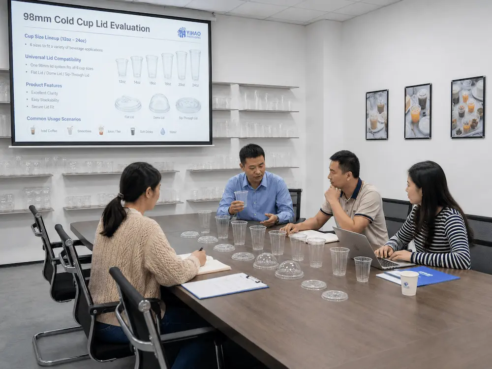 Packaging team evaluating 98mm cold cup lids and PET cup compatibility before bulk ordering