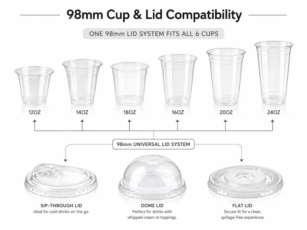 Wholesale PET Cup Lid System: Manufacturer and Supplier Checklist 2 98mm PET cold cup and lid compatibility chart with flat lid, dome lid, and sip-through lid options