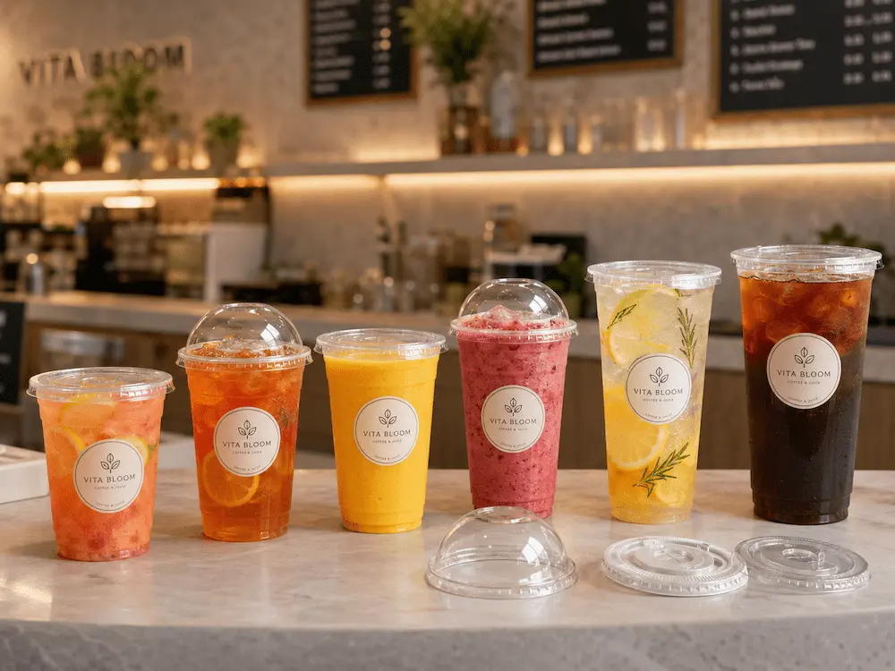 Wholesale PET Cup Lid System: Manufacturer and Supplier Checklist 4 98mm clear PET cold cups with flat lids and dome lids for iced tea, smoothies, refreshers, lemonade, and cold brew