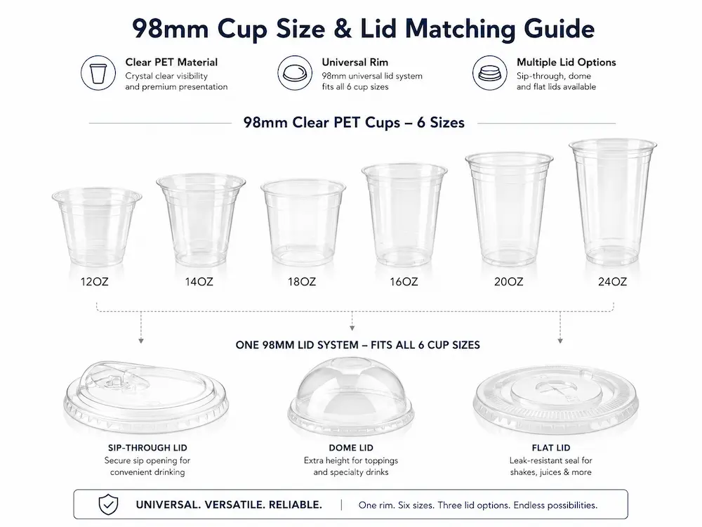 Custom PET Cups: Buyer Guide for Food Packaging Teams 3 98mm PET cup size and lid matching guide for custom cold cup programs