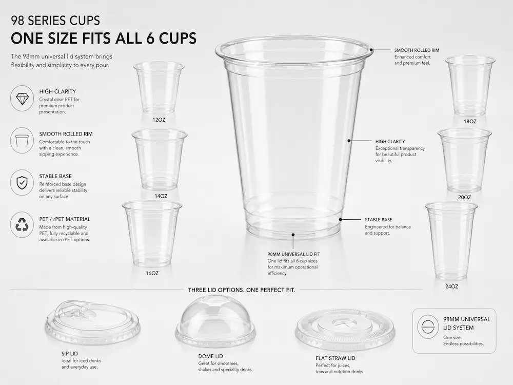 98mm PET cold cup system with one lid size fitting six cups