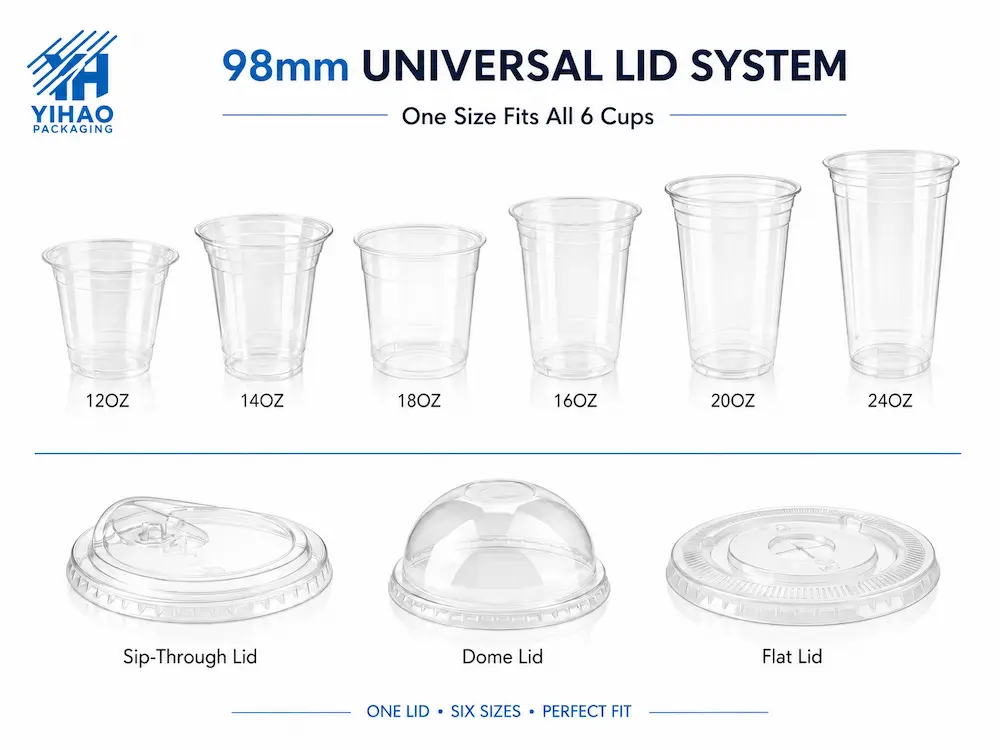 Best 98mm Cold Cup Lids for Retail Display, Takeaway Drinks, and Chilled Food Packaging 10 98mm universal cold cup lid system with six PET cup sizes and flat dome sip-through lids