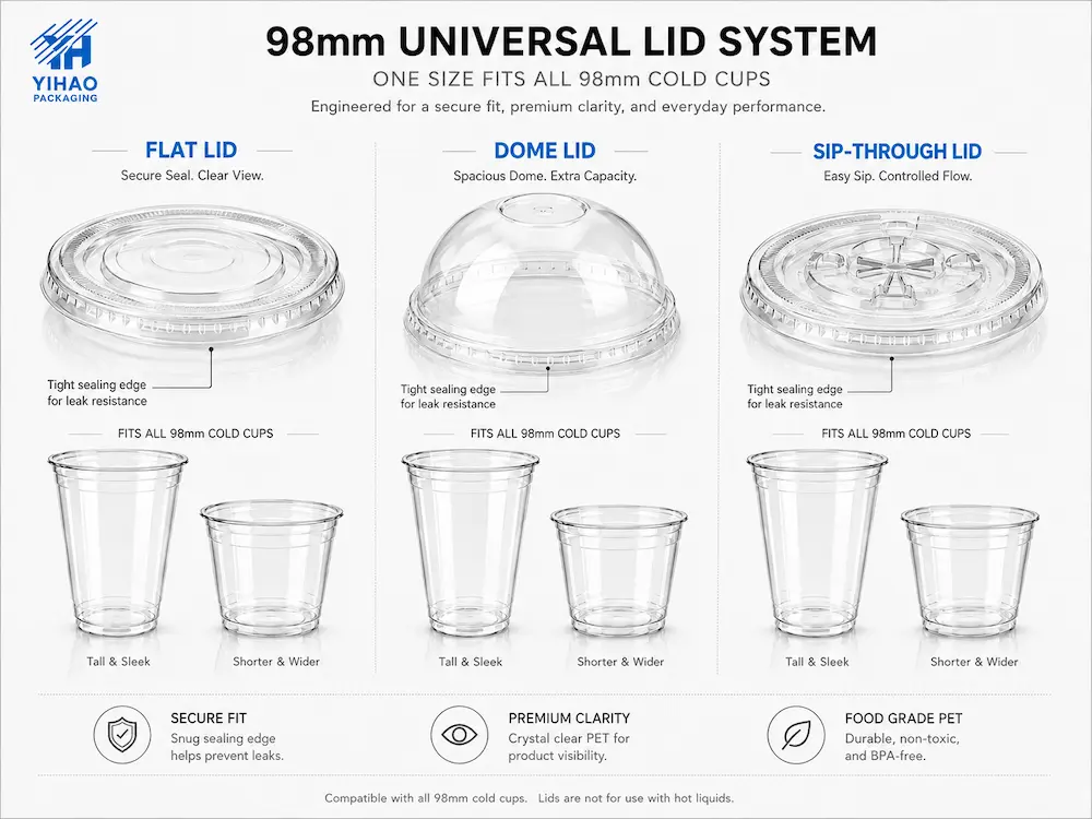 98mm universal lid system with flat dome and sip-through lids for cold cups