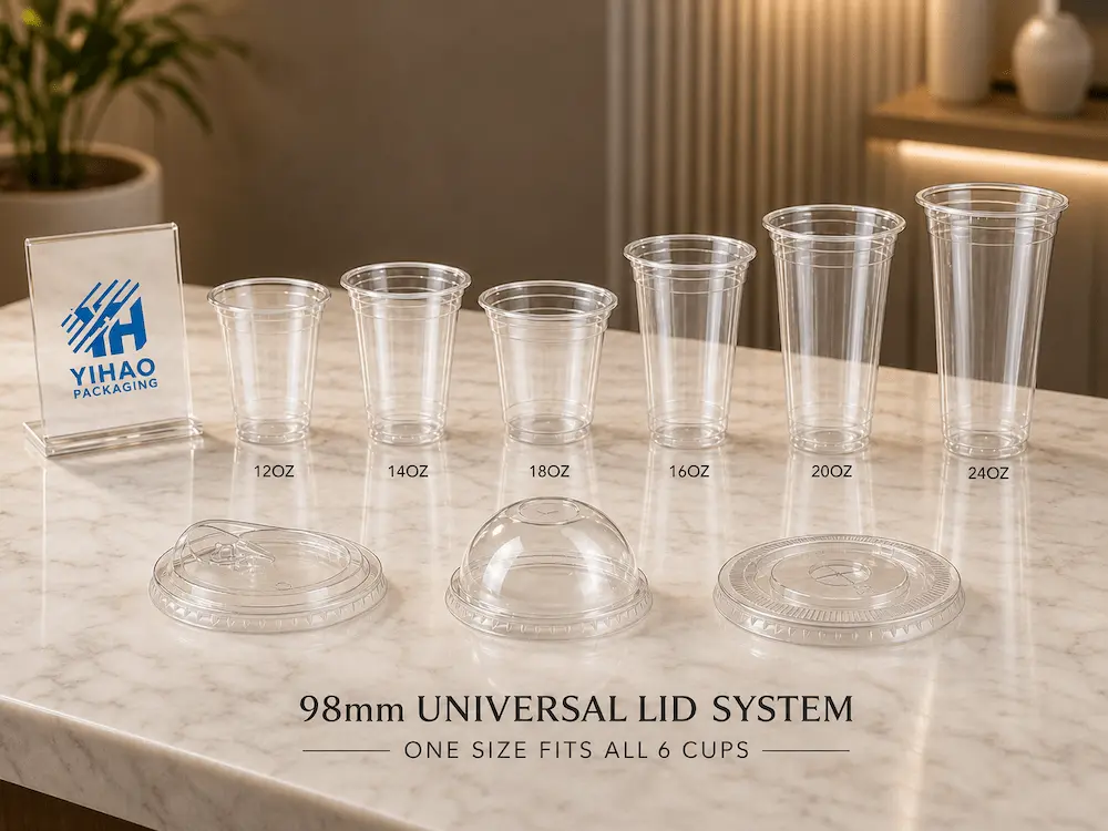 98mm universal lid system with six clear PET cold cup sizes and matching flat dome and sip-through lids