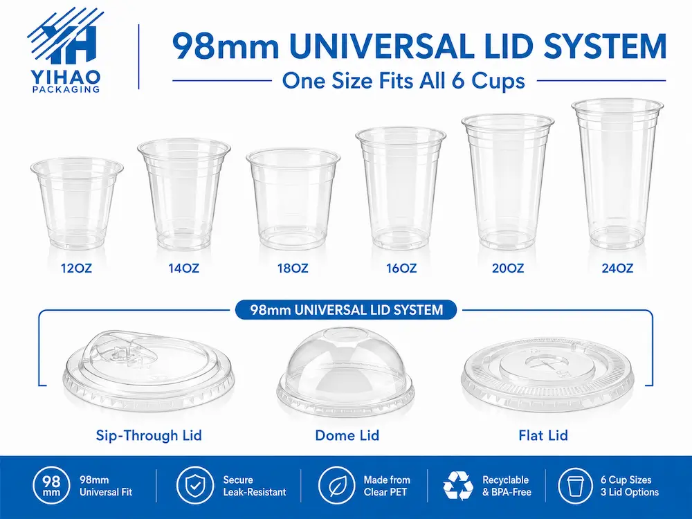 98mm universal PET lid system fitting six cold cup sizes with flat dome and sip-through lid options