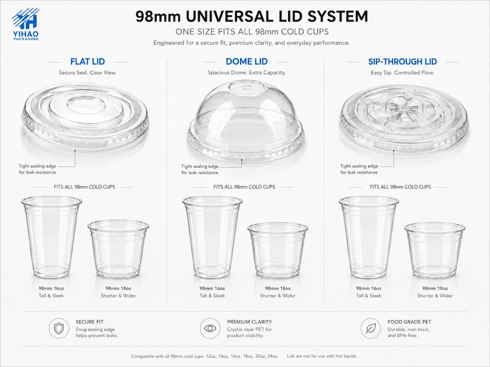 Milk Tea Cups: Buyer Guide for Food Packaging Teams 3 98mm universal lid system with flat lid dome lid and sip-through lid for clear PET cold cups