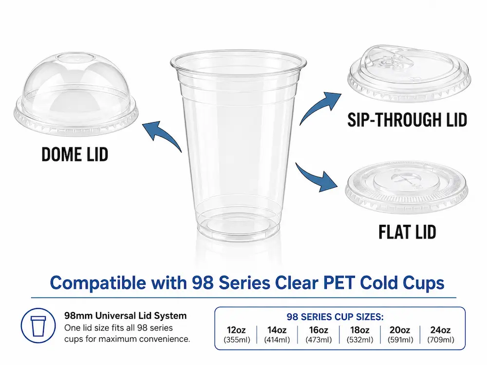 Best Boba Cups for Retail Display, Takeaway, and Chilled Food 4 98mm universal lid system for clear PET cold cups and boba cups