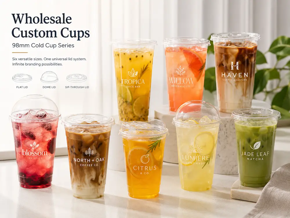 Wholesale Custom Cups for Supermarkets, Cafes, Bakeries, and Foodservice Brands 5 98mm wholesale custom cold cup series with flat lid, dome lid, and sip-through lid options