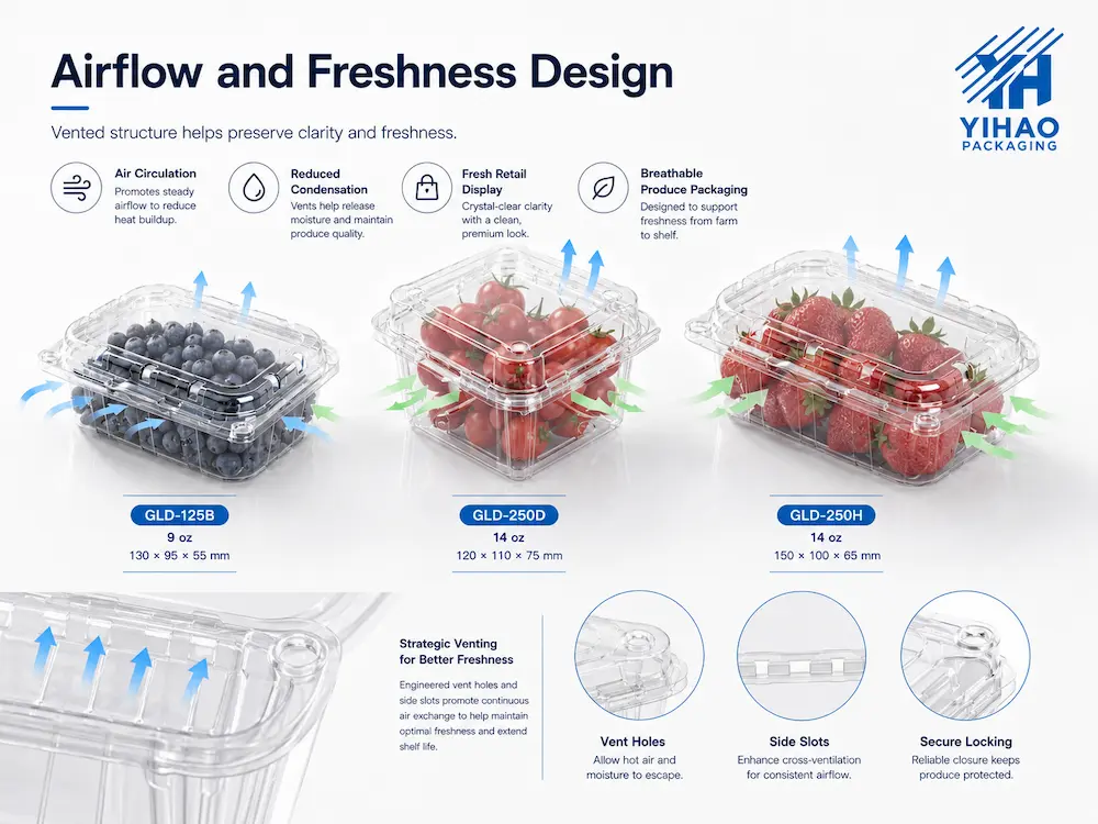 Best Breathable Produce Packaging for Retail Display, Takeaway, and Chilled Food 1 Airflow and freshness design for clear PET vented fruit clamshell packaging used for blueberries cherry tomatoes and strawberries