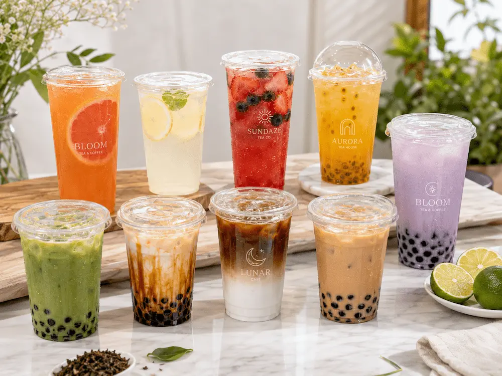 PET Bubble Tea Cups vs Alternative Packaging: How Buyers Should Choose 7 Assorted PET bubble tea cups for milk tea, boba drinks, fruit tea, matcha, lemonade, refreshers, and iced coffee