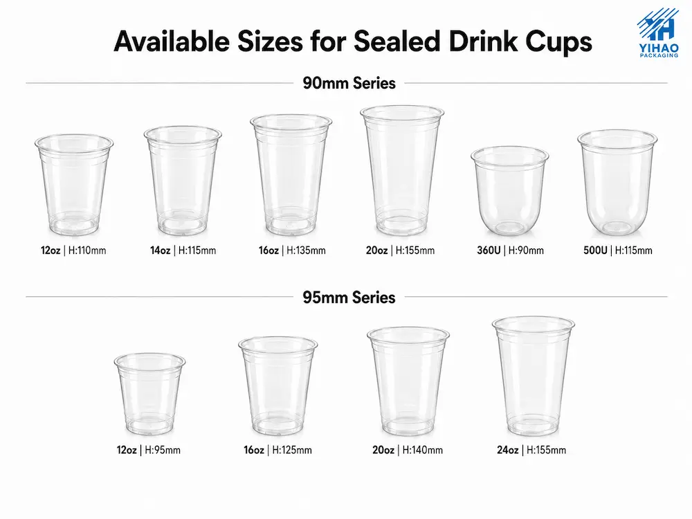 Sealed Drink Cups FAQ: Materials, Sizes, Uses, and Ordering Questions 2 Available sealed drink cup sizes in 90mm and 95mm PET cold cup series