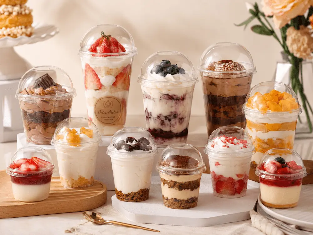 Dome Lid Cups for Supermarkets, Cafes, Bakeries, and Foodservice Brands 5 Clear dome lid dessert cups for fruit parfaits, mousse, cheesecake, pudding, and layered bakery drinks