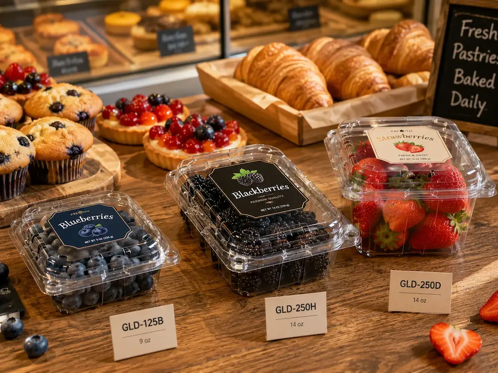 Clear PET fruit clamshell containers for bakery berries and strawberry display
