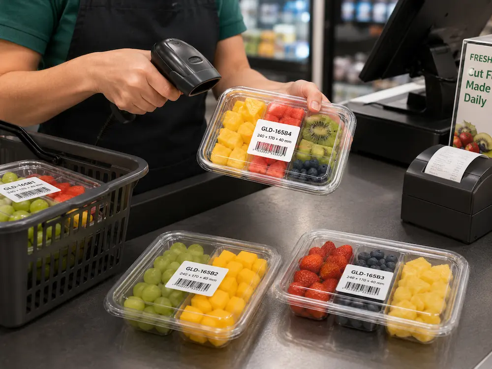 Clear PET compartment fruit tray with barcode label being scanned at checkout while fruit remains visible