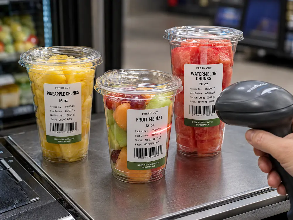 Convenience Store Fruit Cups vs Alternative Packaging: How Buyers Should Choose 5 Barcode scanning test on clear PET fruit cups with fresh-cut fruit labels for retail checkout.
