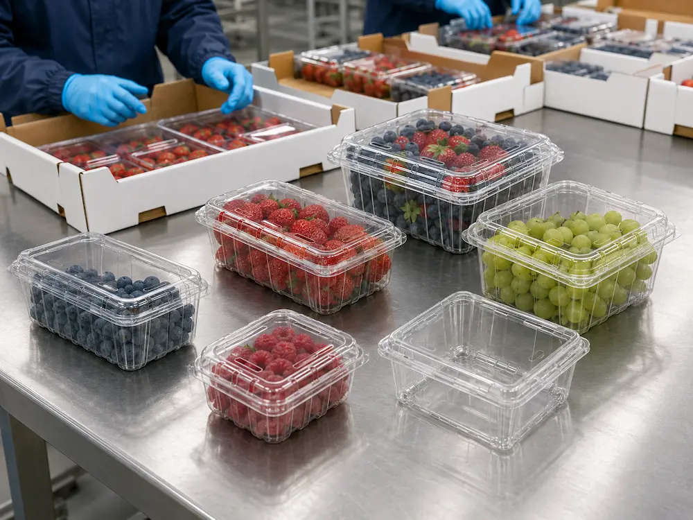 Export Fruit Packaging FAQ: Materials, Sizes, Uses, and Ordering Questions 4 Berry clamshell containers being packed for export fruit packaging