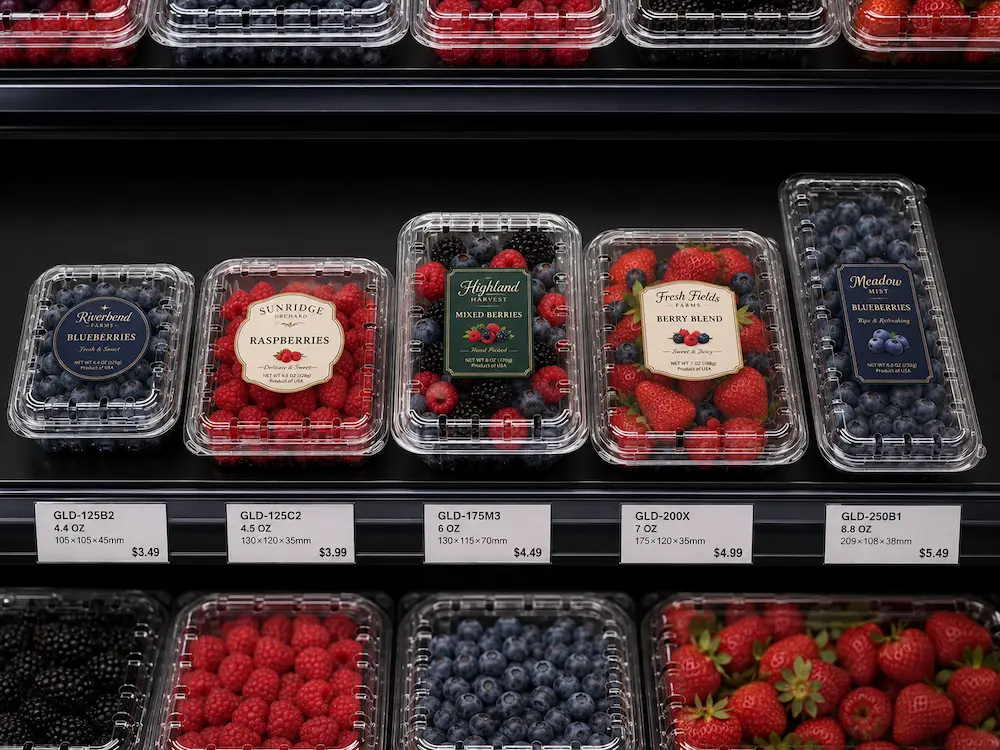 Wholesale Airflow Clamshell Packaging: Manufacturer and Supplier Checklist 6 Berry clamshell containers with retail labels and model information on produce shelf