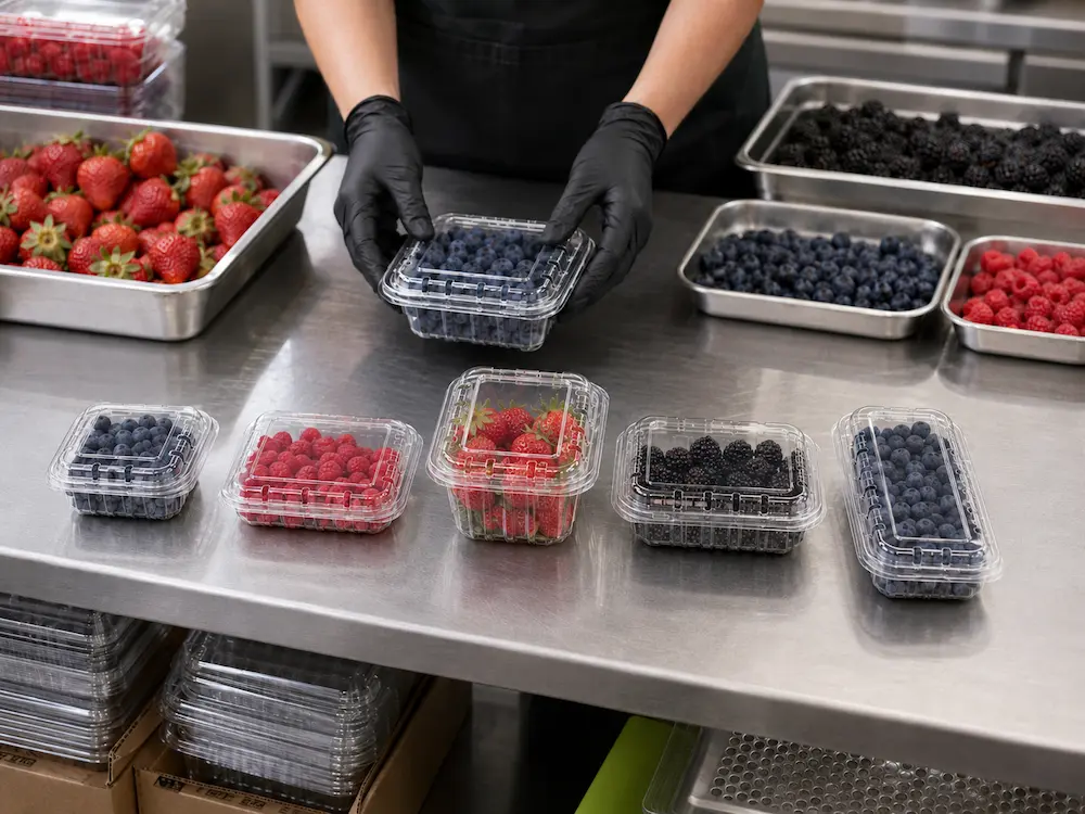 Berry packaging sample testing with clear PET clamshell containers