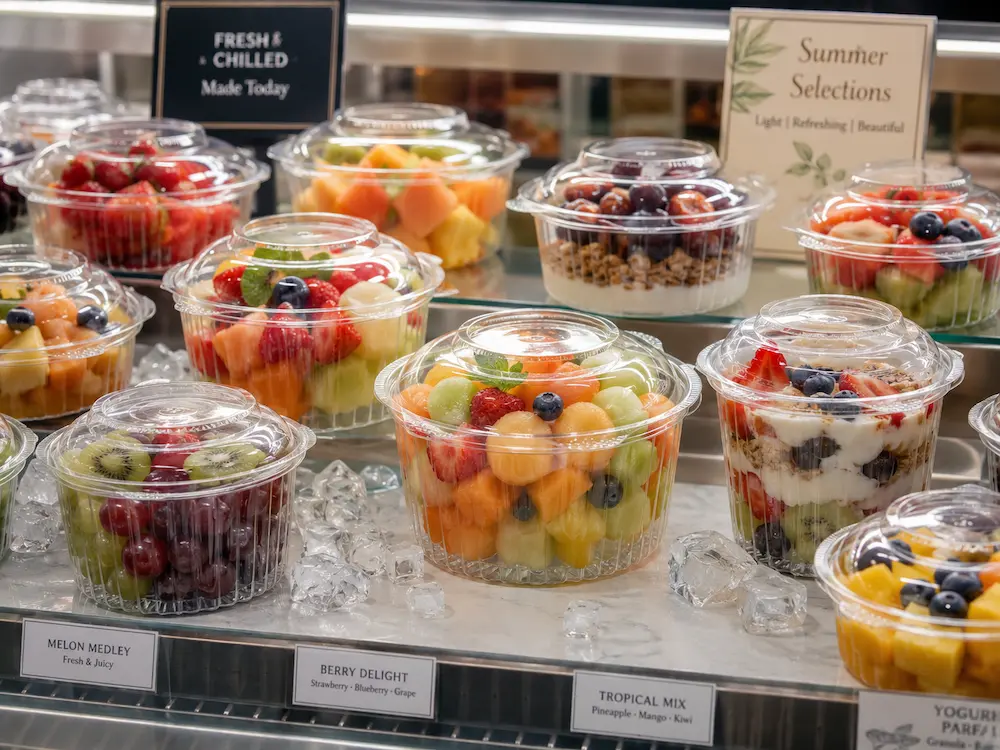 Farm Packaging Containers vs Alternative Packaging: How Buyers Should Choose 4 Clear PET berry and mixed fruit packaging containers displayed in a chilled fresh produce case