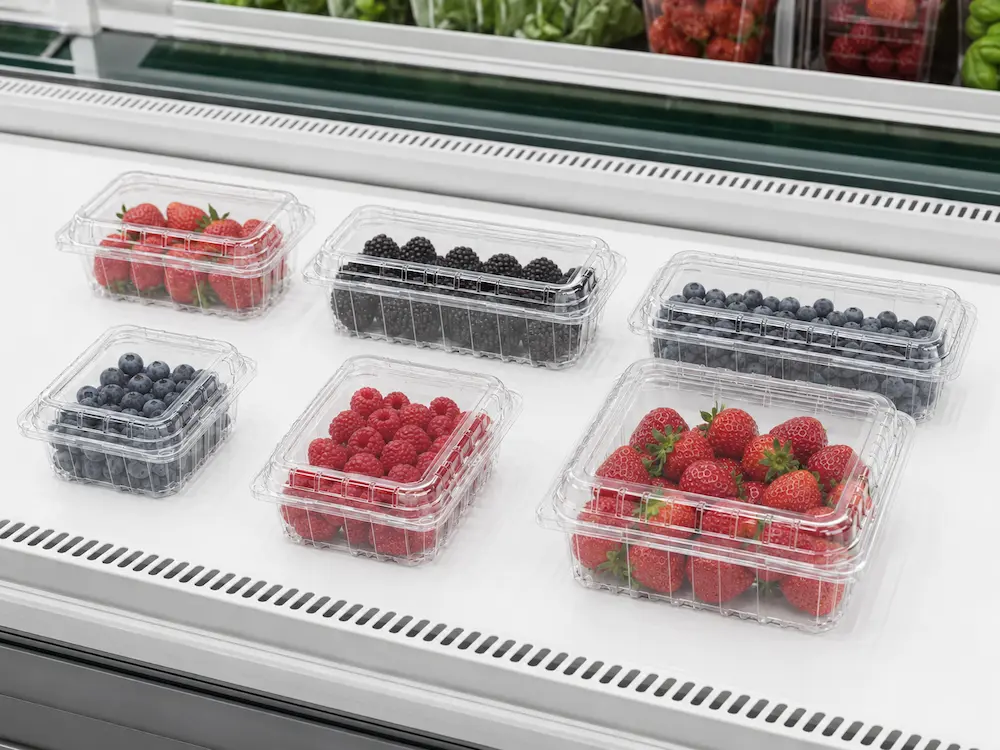 Clear PET berry packaging clamshell containers displayed in a refrigerated retail case