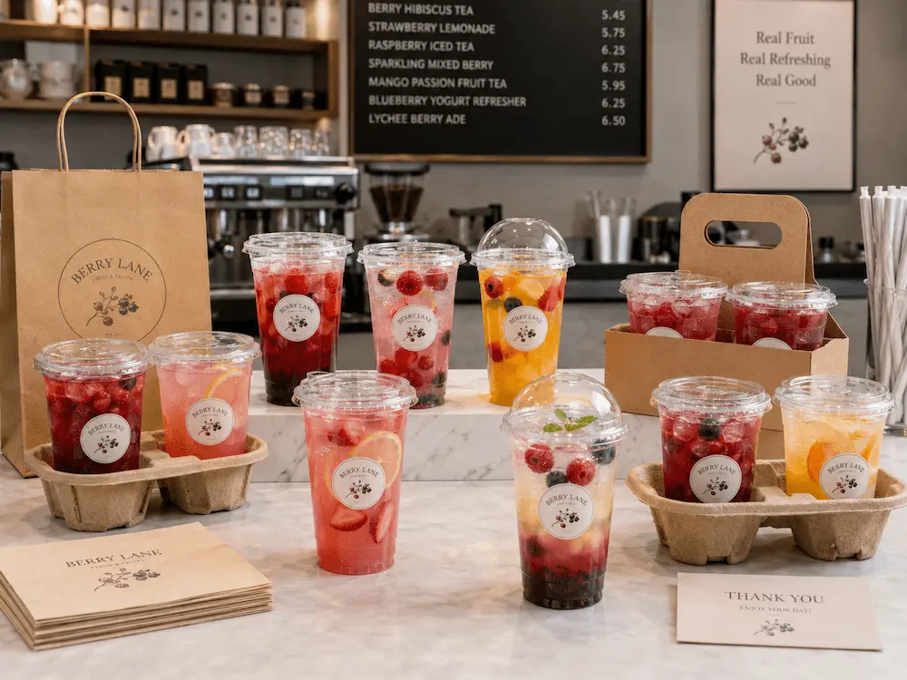 Berry refresher cups with takeaway carriers, paper bags, and branded cafe packaging