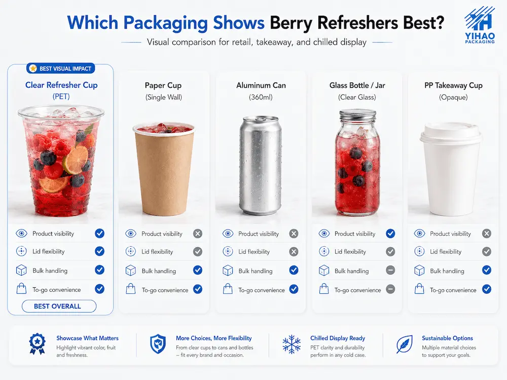Berry Refresher Cups vs Alternative Packaging: How Buyers Should Choose 10 Berry refresher cups compared with paper cups, cans, glass bottles, and PP takeaway cups for cold drink packaging buyers