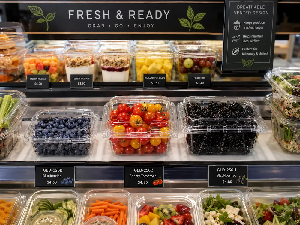 Breathable produce packaging in a chilled retail display with clear PET vented clamshell containers for berries and cherry tomatoes