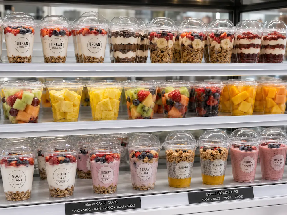 Best Cold Cup Supplier for Retail Display, Takeaway, and Chilled Food 6 Clear cold cups displayed with fruit cups, yogurt parfaits, and chilled desserts in a retail display cabinet.