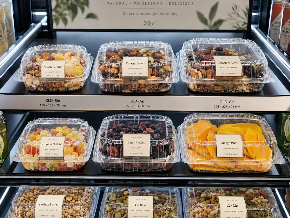 Clear PET nut containers displayed in a refrigerated retail shelf for mixed nuts, dried fruit, and snack packaging