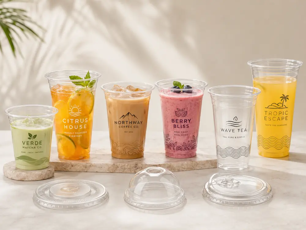 Beverage Brand Cups FAQ: Materials, Sizes, Uses, and Ordering Questions 5 Custom PET beverage brand cups with clear lids for iced coffee, juice, tea, smoothies, and cold drinks