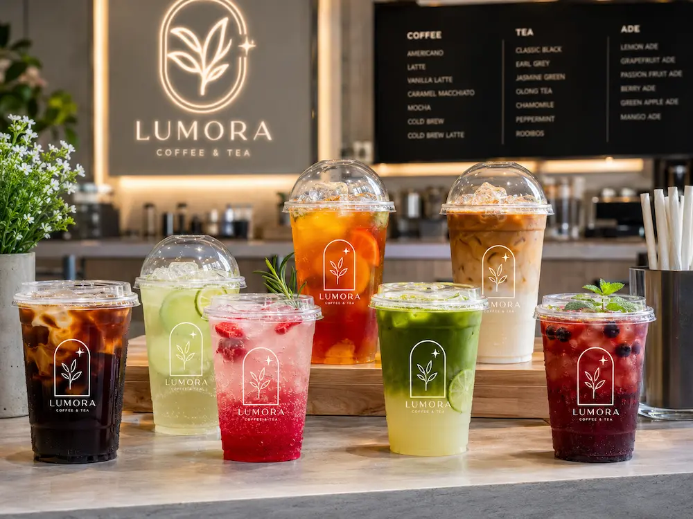 Wholesale Cold Cup Manufacturer Guide for Beverage Chains 1 Branded PET cold cups with iced coffee, fruit tea, lemonade, matcha, and refreshers on a beverage counter