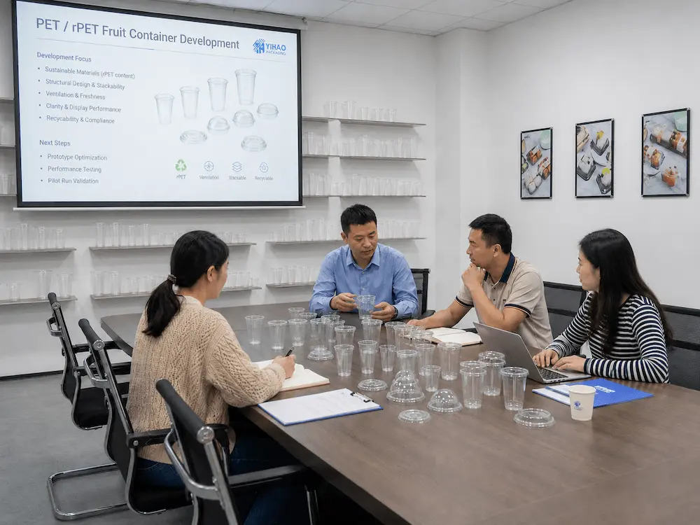 Wholesale PP Bubble Tea Cups: Manufacturer and Supplier Checklist 3 Beverage packaging development meeting with clear plastic cup samples