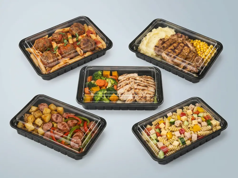 Black meal prep containers with clear flat lids for pasta, salad, grilled chicken, and ready meal packaging