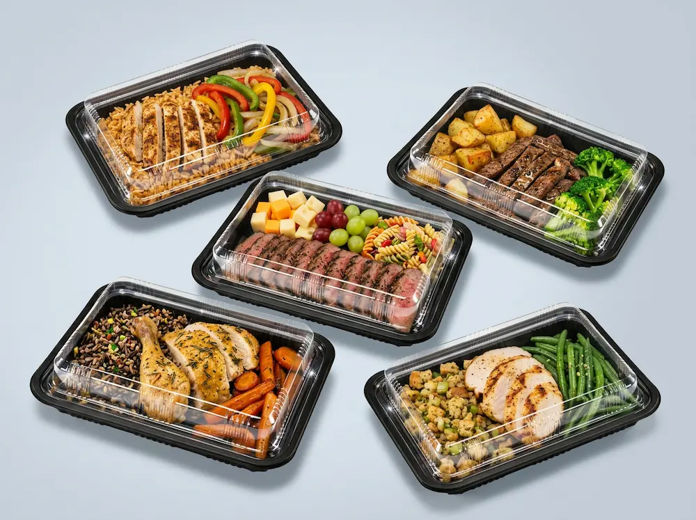Black meal prep containers with clear lids for grilled chicken, steak, vegetables, rice, pasta, and ready meal packaging