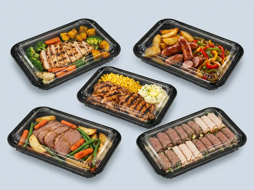 Black rectangular meal prep containers with clear lids for grilled chicken, steak, sausages, vegetables, potatoes, and ready meal packaging