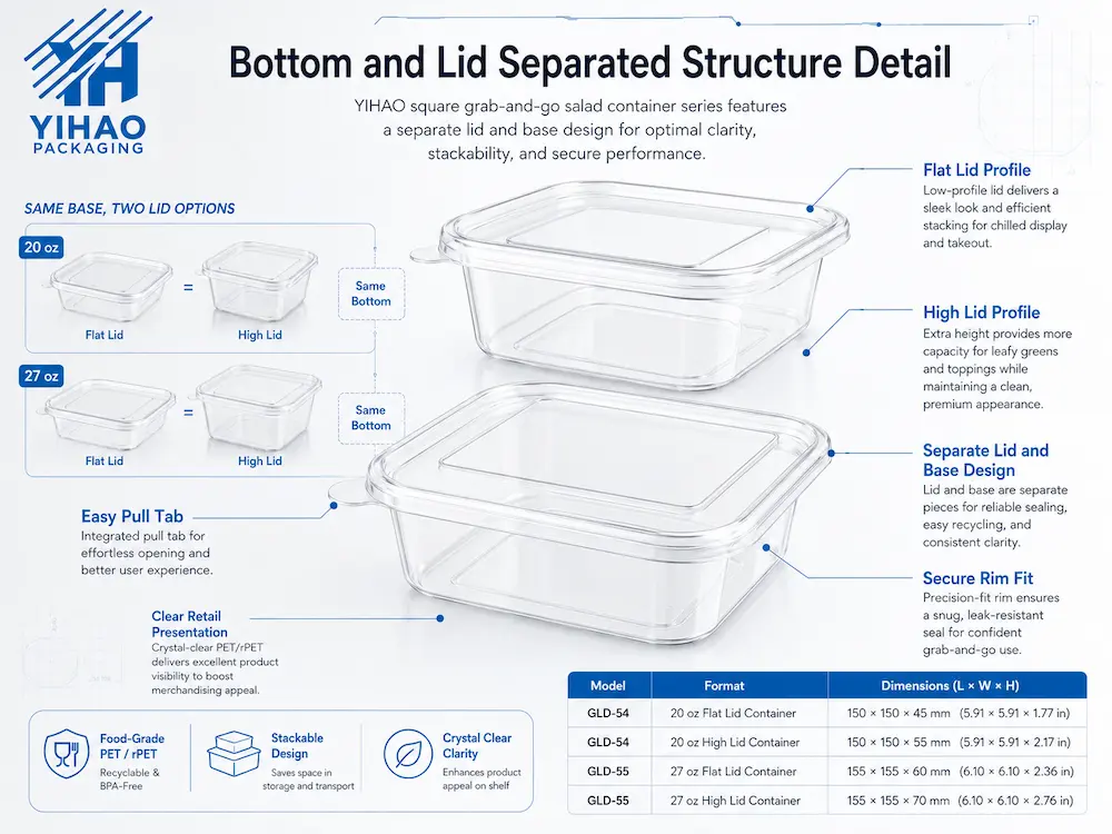 Grab-and-Go Salad Containers for Retail: Complete Buying Guide 2 Bottom and lid separated PET salad container structure with flat lid and high lid profiles