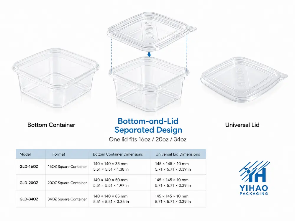 Bottom and lid separated square PET deli container with universal lid